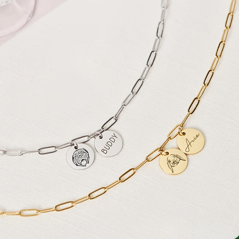 Collier portrait d'animal personnalisé - Pendentif double cercle sur chaîne trombone gravé avec portrait et nom de l'animal, cadeau commémoratif sur mesure pour amoureux des animaux et cadeau pour elle, à porter en toute saison (argent ou or)