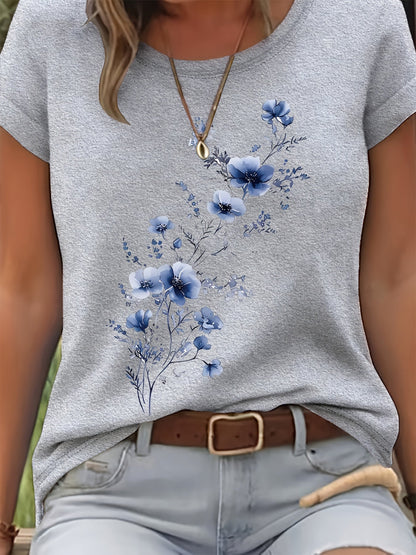T-shirt pour femme à motif floral aquarelle – Haut décontracté élégant à col rond et manches courtes pour le printemps et l'été