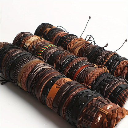 Lot de 26 bracelets tressés vintage en similicuir pour hommes et femmes, bracelets manchettes tissés à la main réglables, bijoux unisexes noir et marron, style rétro bohème, cadeau pour soirée ou usage quotidien
