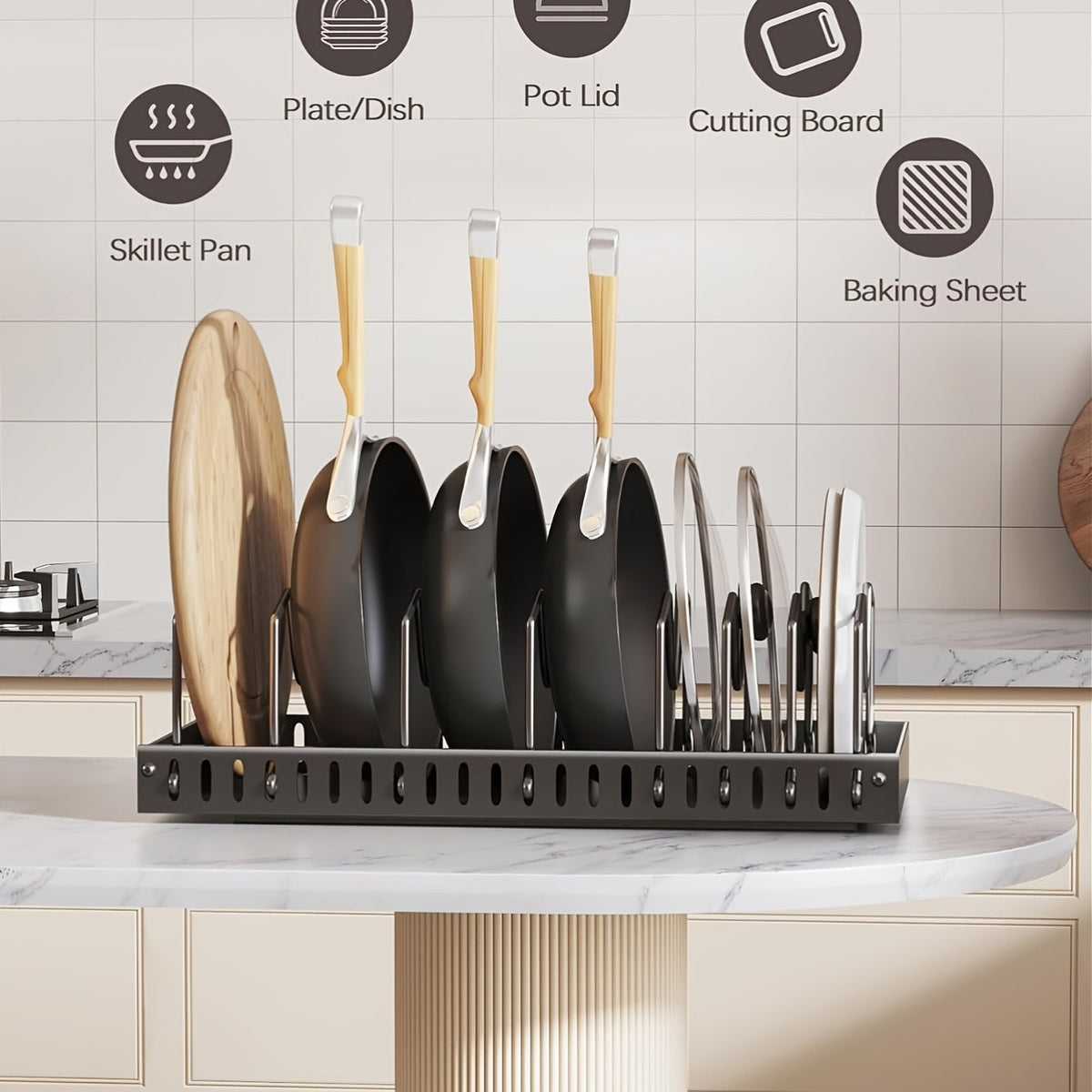 Organisateur de casseroles et poêles coulissant pour placards de cuisine – Rangement coulissant pour couvercles et ustensiles avec 8/16 séparateurs réglables pour couvercles, moules et assiettes, boîte de rangement pour placard, noir ou blanc