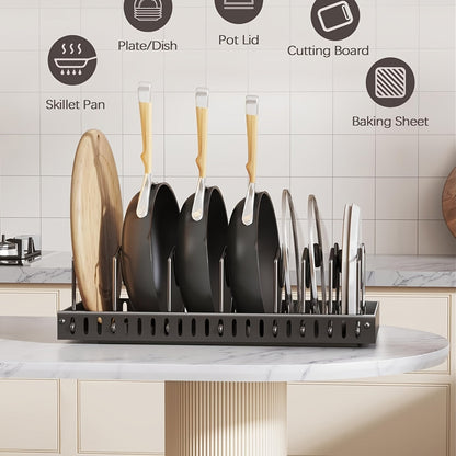 Organisateur de casseroles et poêles coulissant pour placards de cuisine – Rangement coulissant pour couvercles et ustensiles avec 8/16 séparateurs réglables pour couvercles, moules et assiettes, boîte de rangement pour placard, noir ou blanc