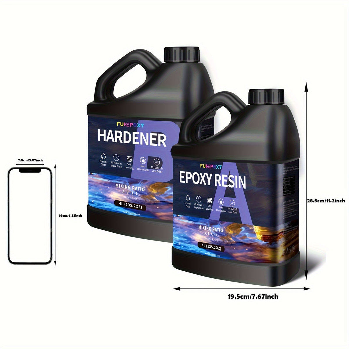Kit de résine époxy cristalline FUNEPOXY, rapport 1:1, autonivelante, fini ultra-brillant pour dessus de table, comptoirs de bar, tables à bord brut, résine de coulage, création de bijoux, 16oz, 32oz, 64oz, 1 gallon, 2 gallons