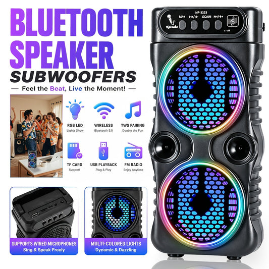 Enceinte de fête portable Bluetooth avec jeu de lumières LED – Caisson de basses stéréo Hi-Fi, karaoké, BT/USB/TF/FM/AUX/TWS pour l'extérieur, les voyages et les fêtes