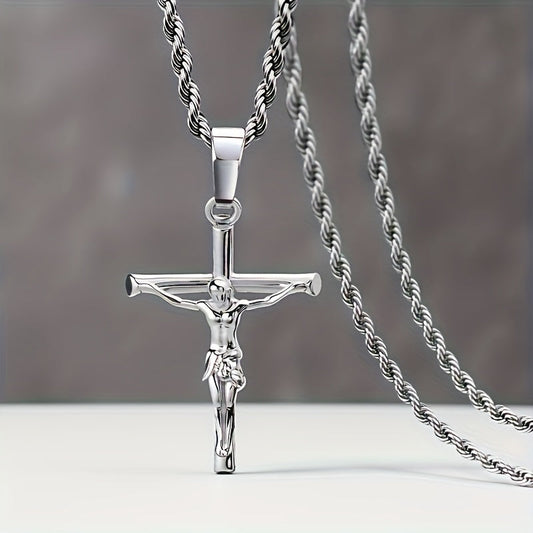 Collier croix en acier inoxydable pour hommes et femmes – Pendentif religieux unisexe délicat, léger (7 g), artisanat raffiné, cadeau idéal pour Noël, un anniversaire ou une confirmation, 55 cm / 22 po