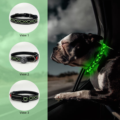 Collier pour chien à broderie LED rechargeable par USB pour la sécurité nocturne – Collier lumineux décoratif avec ajustement réglable pour chiens de petite, moyenne et grande taille, 4 couleurs, tailles S, M, L