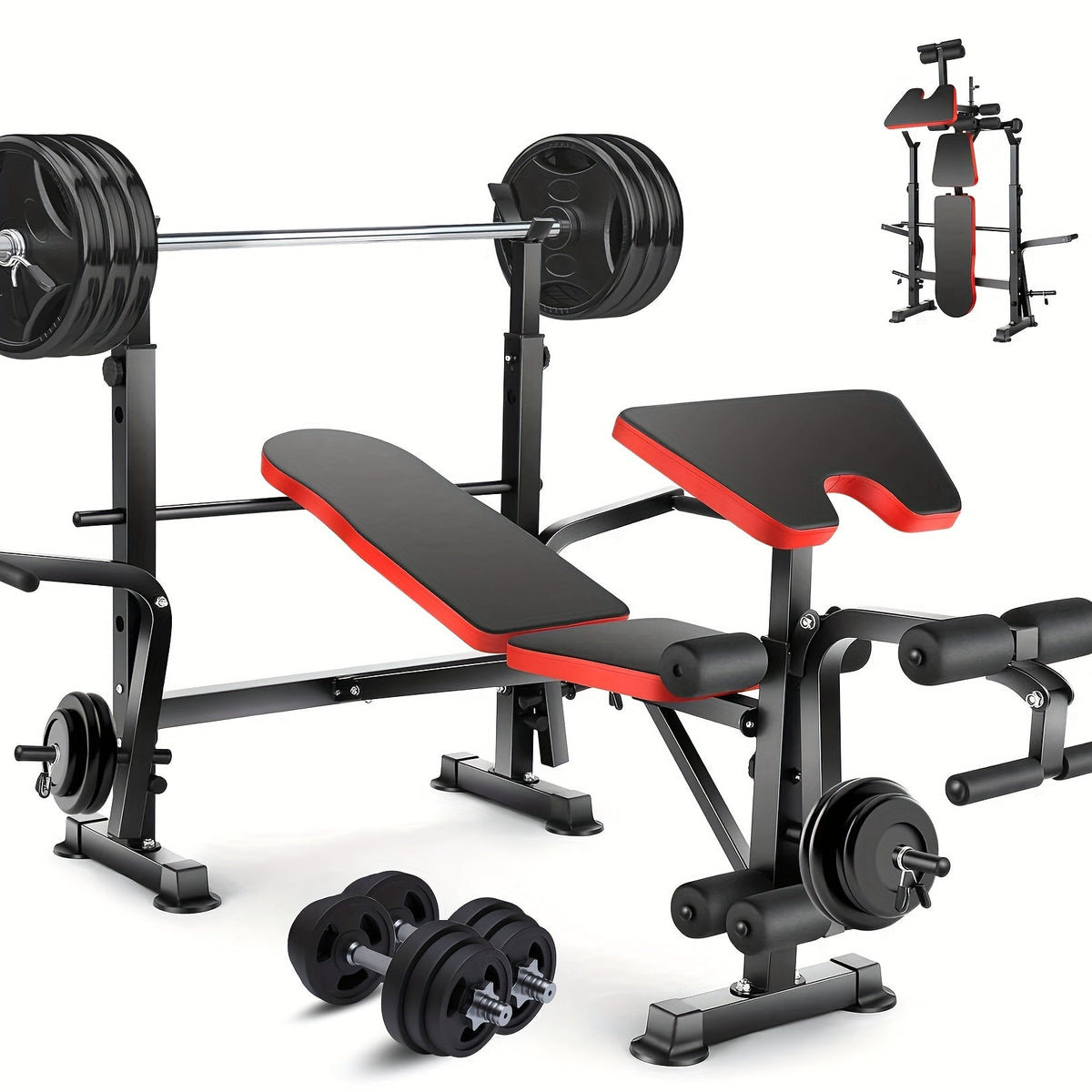 Banc de musculation réglable et pliable avec rack à squat, poste à jambes et pupitre à biceps – Banc de développé couché tout-en-un pour entraînement complet, jusqu'à 545 kg