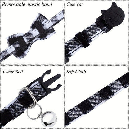 Lot de 4 colliers pour chat avec clochettes - Collier réglable de 19 à 30 cm, motif écossais, boucle de sécurité anti-étranglement avec clochette et nœud pour chatons et petits chiens, tissu confortable, ensemble multicolore