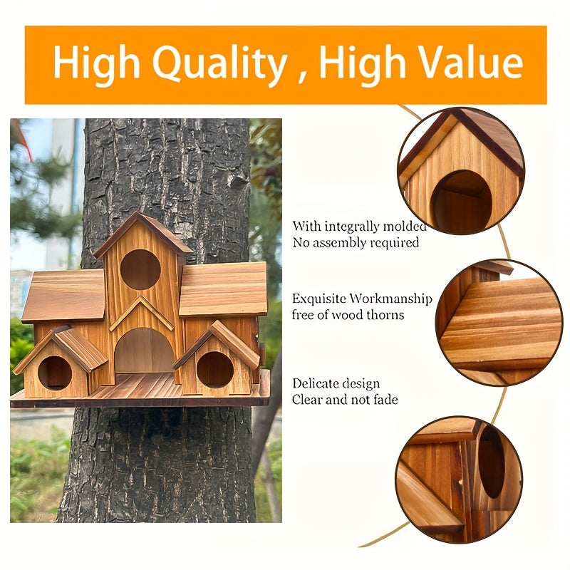 Nichoir rustique en bois pour jardin extérieur - Mangeoire à oiseaux et nichoir suspendu multi-niveaux à compartiments multiples, style villa - Décoration de jardin personnalisable à peindre pour attirer les oiseaux sauvages - Couleur bois naturel
