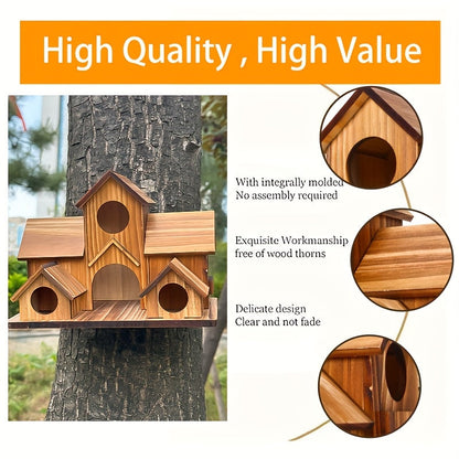 Nichoir rustique en bois pour jardin extérieur - Mangeoire à oiseaux et nichoir suspendu multi-niveaux à compartiments multiples, style villa - Décoration de jardin personnalisable à peindre pour attirer les oiseaux sauvages - Couleur bois naturel