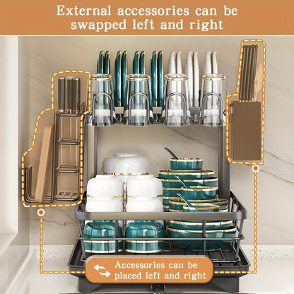 Égouttoir à vaisselle en métal à 2 niveaux avec porte-couverts, porte-gobelets et plateau d'égouttage antirouille – Égouttoir compact pour plan de travail de cuisine, égouttoir en acier durable pour tous types de surfaces