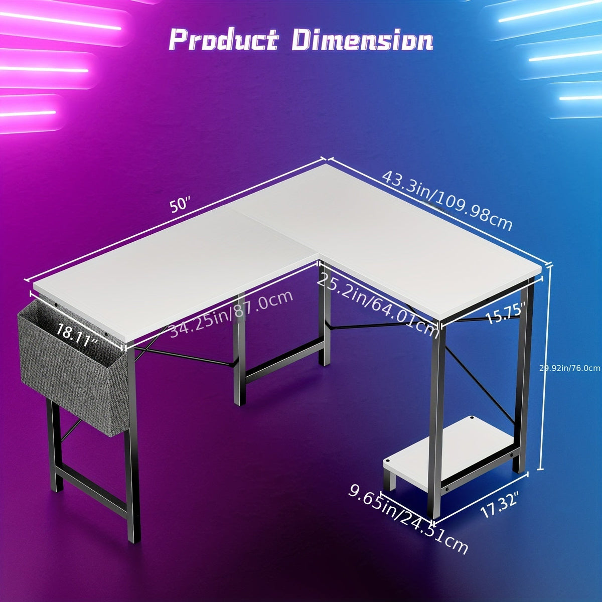 Bureau d'ordinateur en forme de L avec sac de rangement et étagères – Bureau d'angle réversible, poste de travail pour PC et ordinateur portable pour bureau à domicile, salle d'étude, bureau d'écriture peu encombrant
