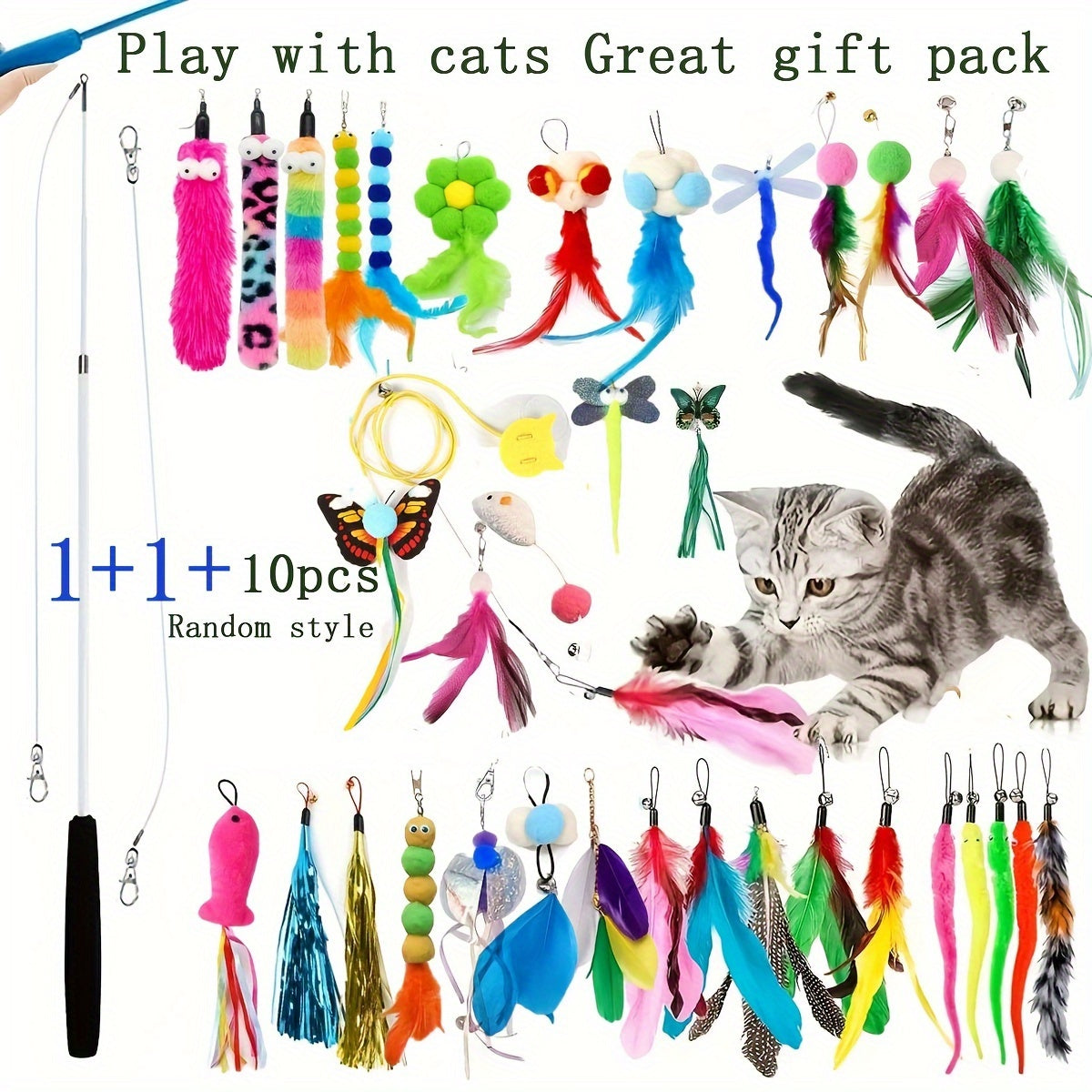 Ensemble de jouets interactifs pour chat : canne télescopique avec plumes de rechange aléatoires pour l'exercice et le jeu des chats d'intérieur, sans pile nécessaire, choix de 5, 10, 15, 20 ou 25 têtes.