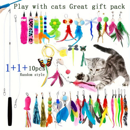 Ensemble de jouets interactifs pour chat : canne télescopique avec plumes de rechange aléatoires pour l'exercice et le jeu des chats d'intérieur, sans pile nécessaire, choix de 5, 10, 15, 20 ou 25 têtes.