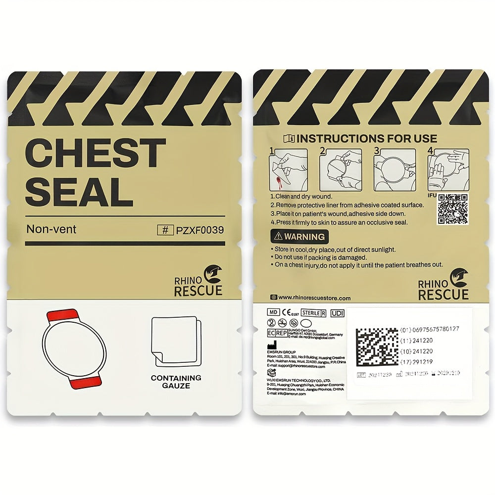 Pansement thoracique d'urgence non ventilé RHINO RESCUE – Fourniture médicale IFAK portable pour plaies thoraciques aspirantes, nylon PA, éligible FSA/HSA, jaune