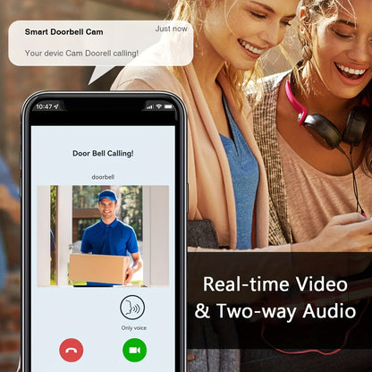 Sonnette vidéo sans fil avec caméra HD, vision nocturne, alertes de mouvement et audio bidirectionnel – Sonnette WiFi intelligente, visualisation mobile à distance, changeur de voix, batterie rechargeable, 2,4 GHz, sécurité domestique