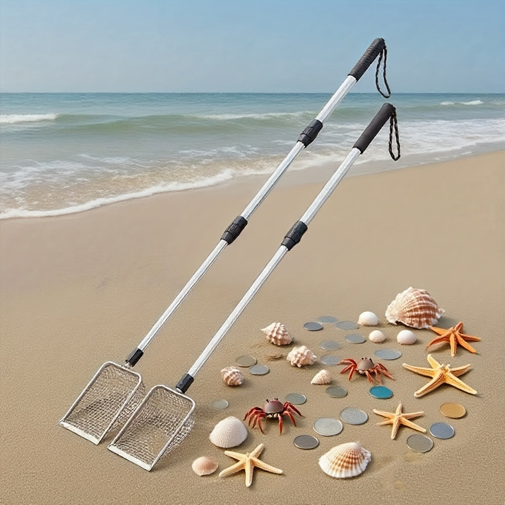 Pelle tamis de plage rétractable en acier inoxydable avec manche télescopique – Outil pour ramasser les coquillages, chercher des trésors et fouiller la plage sans se baisser | Sert aussi de pelle à litière pour chat (lot de 1 ou 2)