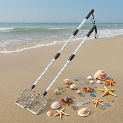 Pelle tamis de plage rétractable en acier inoxydable avec manche télescopique – Outil pour ramasser les coquillages, chercher des trésors et fouiller la plage sans se baisser | Sert aussi de pelle à litière pour chat (lot de 1 ou 2)