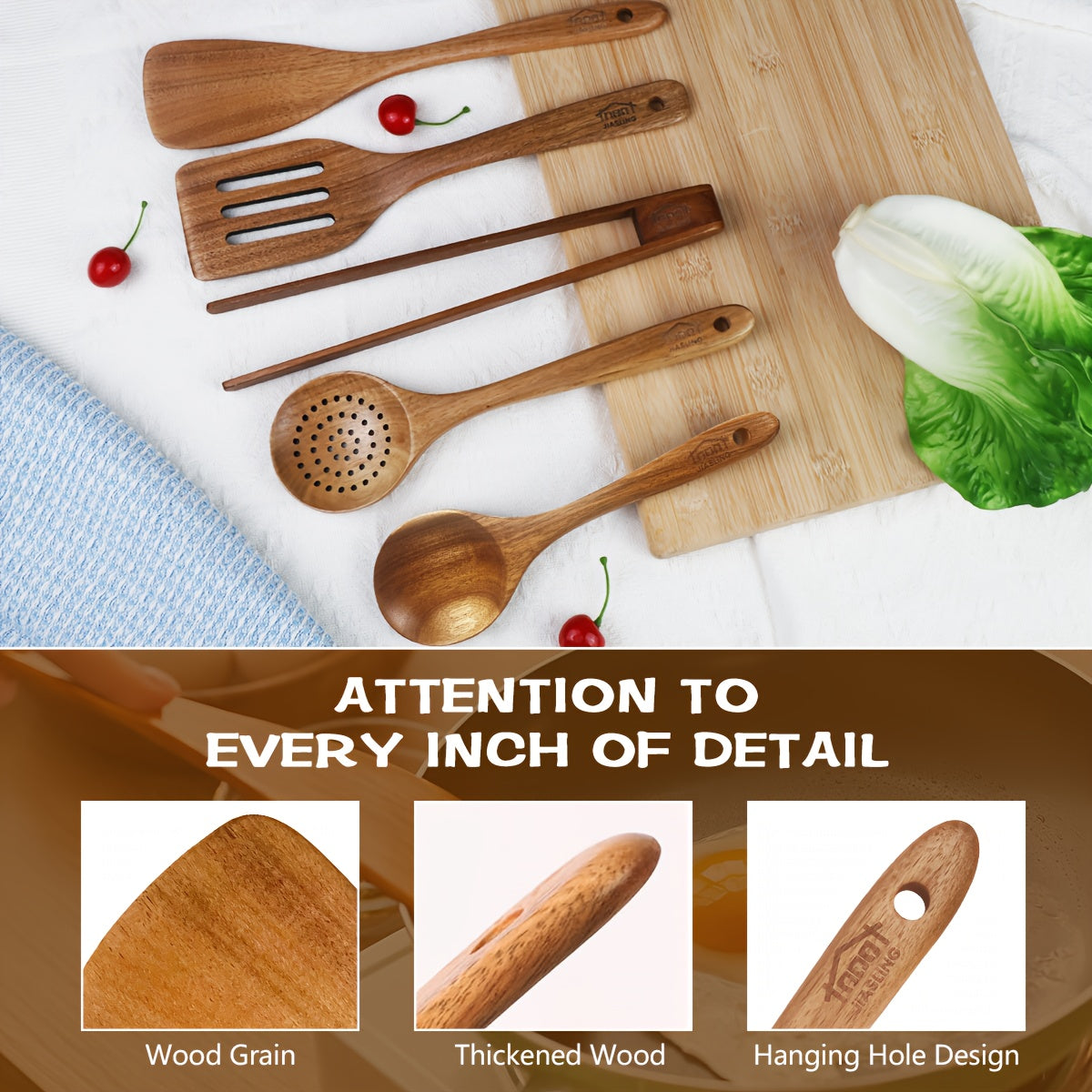 Ensemble d'ustensiles de cuisine en bois 3/5/7 pièces, cuillères, spatules, spurtle, louche et spatule à wok en bois naturel avec poignées ergonomiques, outils de cuisine robustes, résistants à la chaleur et sans danger pour les revêtements antiadhésifs