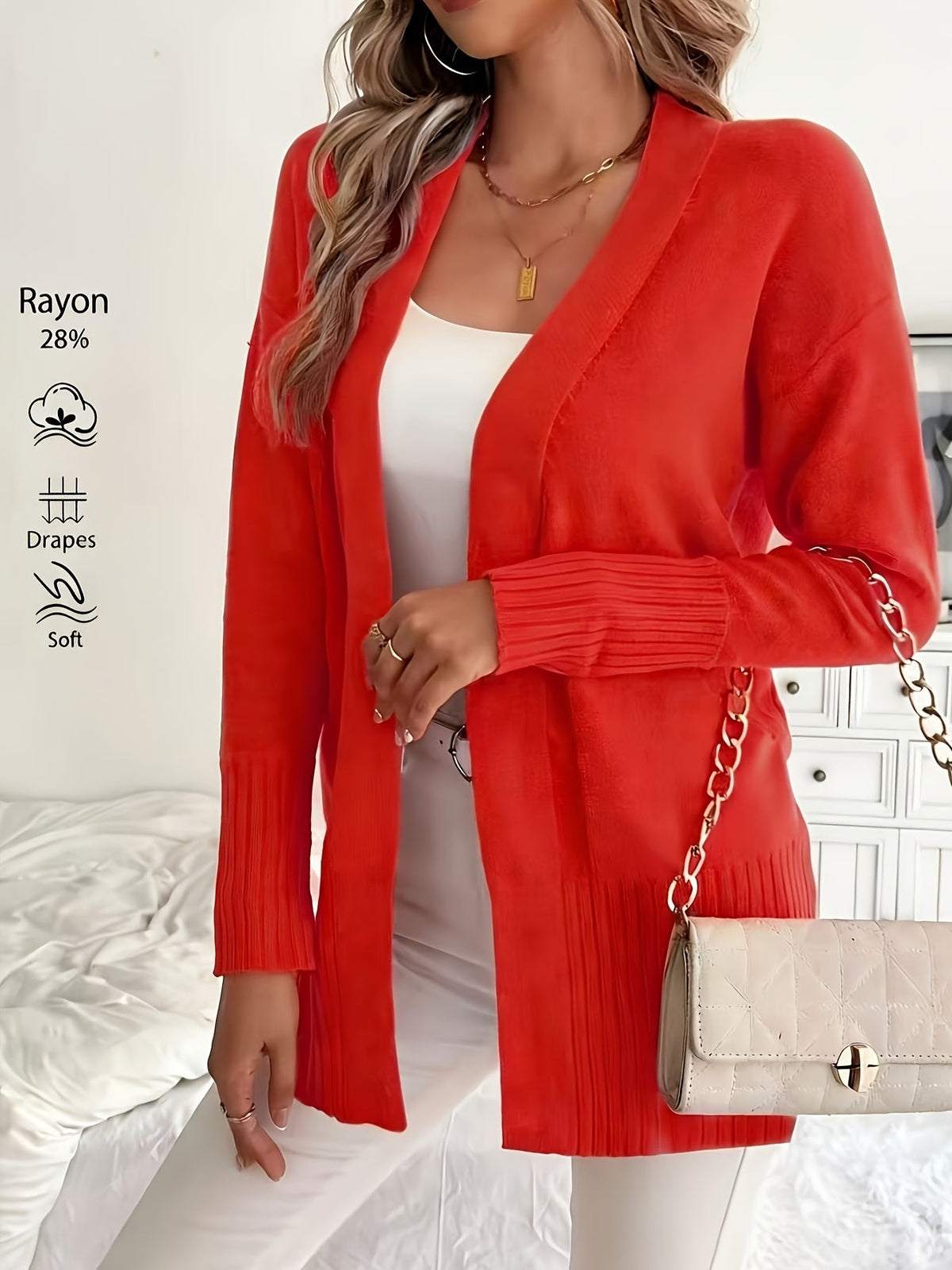 Gilet long femme à col en V et épaules tombantes – Maille douce coupe ample, disponible en 16 coloris pour l'automne et l'hiver, 46 % acrylique, 28 % viscose, 26 % nylon