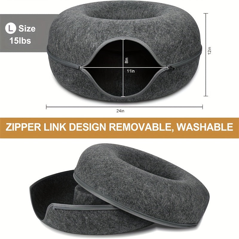 Lit tunnel pour chat, cachette d'intérieur - Tunnel pour chat en forme de beignet, pliable et utilisable en toute saison, avec ouverture pour chats d'intérieur, peluche douce, gris foncé et gris clair, disponible en 50 et 60 cm, cadeau idéal pour chat