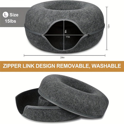 Lit tunnel pour chat, cachette d'intérieur - Tunnel pour chat en forme de beignet, pliable et utilisable en toute saison, avec ouverture pour chats d'intérieur, peluche douce, gris foncé et gris clair, disponible en 50 et 60 cm, cadeau idéal pour chat