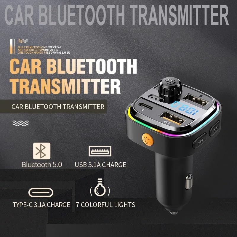 Transmetteur FM Bluetooth pour voiture – BT 5.0, charge rapide 48W QC3.0 & PD, double microphone, basses 360°, 2 ports USB + 1 port USB-C, prend en charge clé USB & AUX, adaptateur autoradio – Noir