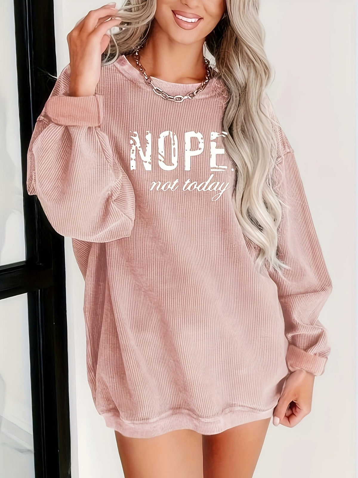 Haut à manches longues imprimé NOPE pour femmes, t-shirt à motif avec col rond, pull décontracté S M L XL XXL, kaki rose à imprimé lettres