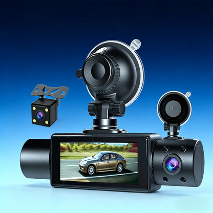 Dashcam 3 canaux avec vision nocturne infrarouge et application smartphone – Caméra avant, arrière et intérieure avec enregistrement en boucle, objectif grand angle, carte mémoire 64 Go/512 Go en option pour voitures, camions et covoiturage