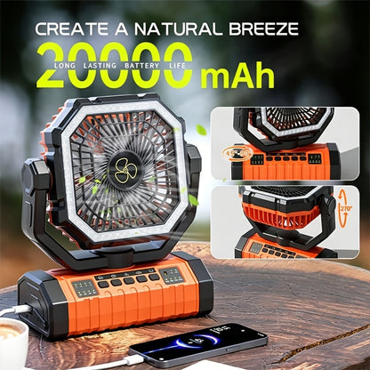 Ventilateur de camping 20000 mAh avec lanterne LED, rechargeable, oscillant, 4 vitesses et minuterie - Ventilateur de tente portable pour le camping, les véhicules récréatifs, les chantiers et les pannes de courant