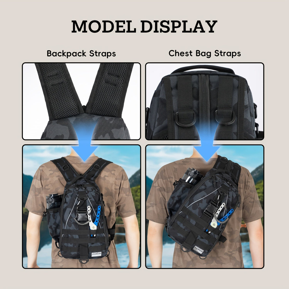 Sac à dos de pêche avec porte-canne – Sac bandoulière imperméable pour randonnée, pêche à la mouche, rangement de boîte à pêche, cadeau pour papa pêcheur