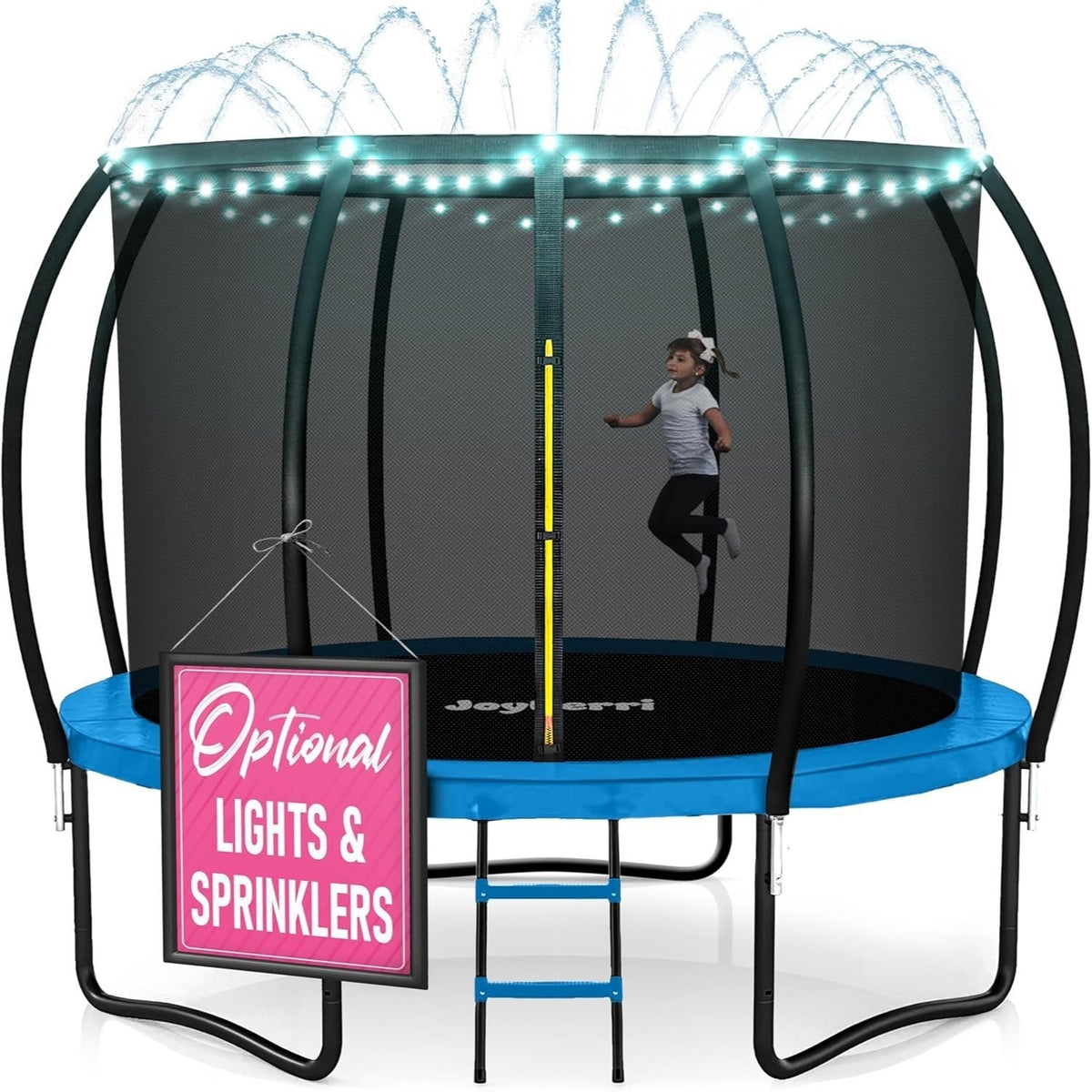 Trampoline d'extérieur JoyBerri avec filet de sécurité - Trampoline de jardin de 8 à 16 pieds pour enfants et adultes, cadre robuste antirouille, lumières LED, arroseur et échelle inclus | Cadeau de remise en forme amusant pour toute la famille
