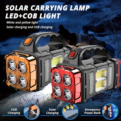 Lot de 2 lampes torche solaires à LED – Projecteur portatif rechargeable haute luminosité avec chargement USB et Type-C, lampe de recherche étanche pour le camping, la randonnée, la chasse, les urgences et l'usage quotidien