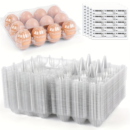 Lot de 60 boîtes à œufs transparentes en plastique, 12 alvéoles avec étiquettes – Boîtes à œufs en PET en gros pour la cuisine, l'élevage, la ferme avicole, le marché fermier et le stockage au réfrigérateur, capacité d'une douzaine d'œufs standard