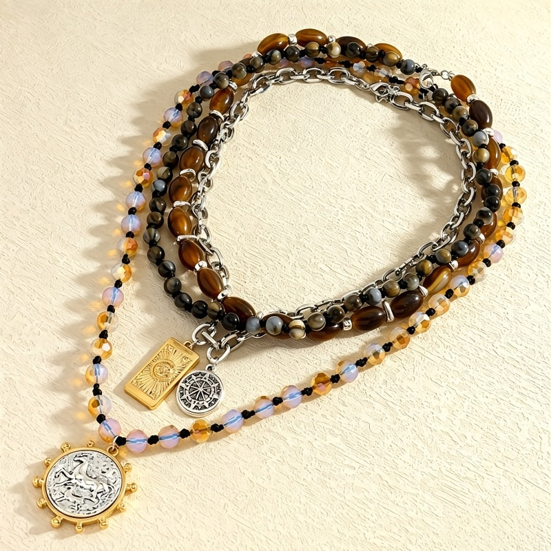 Collier bohème multi-rangs en perles d’œil-de-tigre pour femme – Pendentif boussole vintage, chaîne claviculaire superposable, bijou bohème tendance pour le quotidien, les fêtes et les cadeaux de vacances