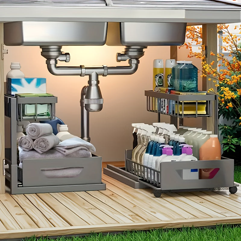 Organisateur sous évier à 2 niveaux, tiroir coulissant en métal pour rangement de cuisine, salle de bain ou plan de travail, accessoires de rangement et étagère.