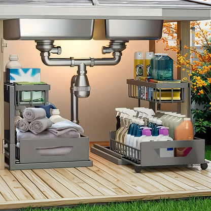 Organisateur sous évier à 2 niveaux, tiroir coulissant en métal pour rangement de cuisine, salle de bain ou plan de travail, accessoires de rangement et étagère.