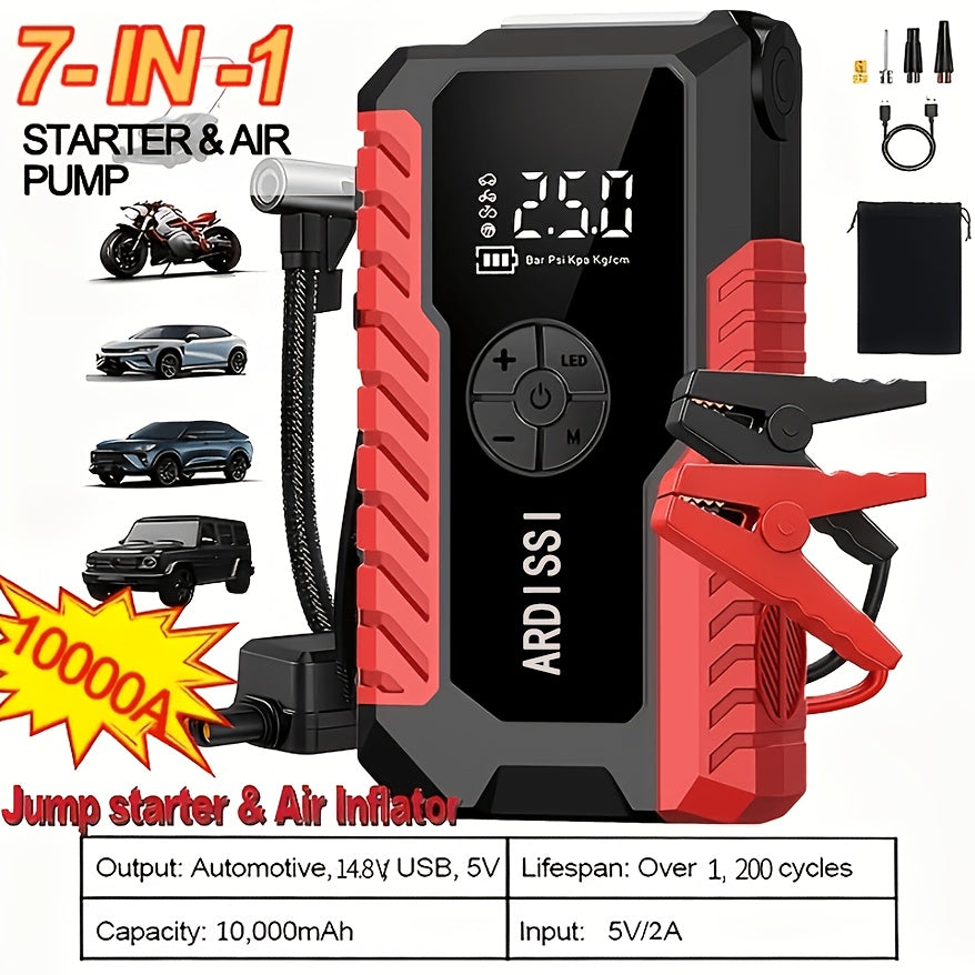 Démarreur de batterie portable 5000A avec compresseur d'air 150 PSI – Booster de batterie tout-en-un 10000mAh, port Type-C, lampe LED pour voitures essence et diesel 12V, camions, SUV et motos