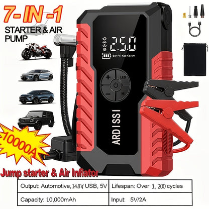 Démarreur de batterie portable 5000A avec compresseur d'air 150 PSI – Booster de batterie tout-en-un 10000mAh, port Type-C, lampe LED pour voitures essence et diesel 12V, camions, SUV et motos