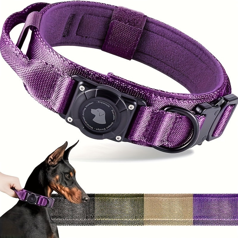 Collier tactique pour chien avec support AirTag et poignée – Nylon PC robuste, réglable M/L/XL pour chiens moyens et grands, collier de dressage de style militaire avec poignée de contrôle
