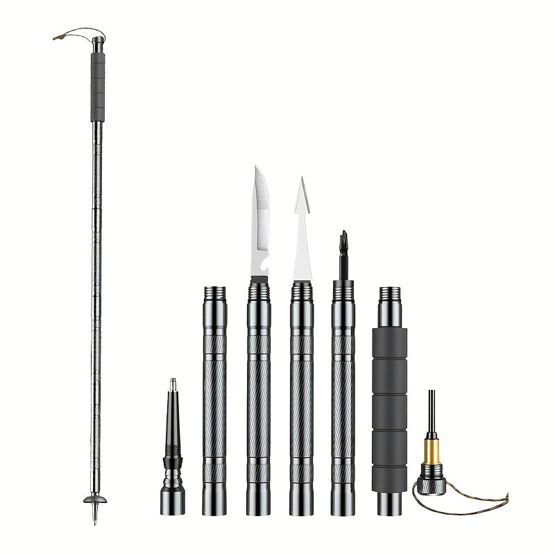 Bâton de randonnée tactique 7-en-1 – Canne de marche pliable et extensible avec boussole, pierre à feu, lame de scie, tournevis et pince, poignée ergonomique, cadeau idéal pour le camping et la randonnée de survie