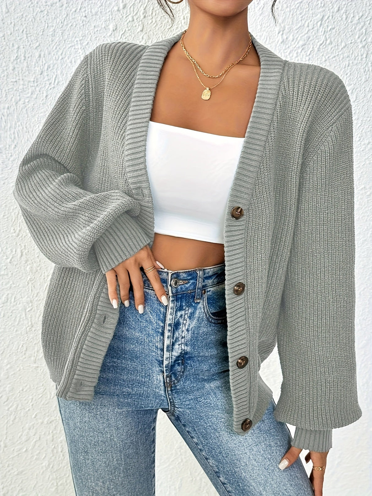 Gilet boutonné pour femme en maille côtelée épaisse, col en V, ouverture sur le devant - Pull veste oversize à épaules tombantes, gilet doux, extensible et chaud pour l'automne et l'hiver, disponible en 5 couleurs, du XS au XL