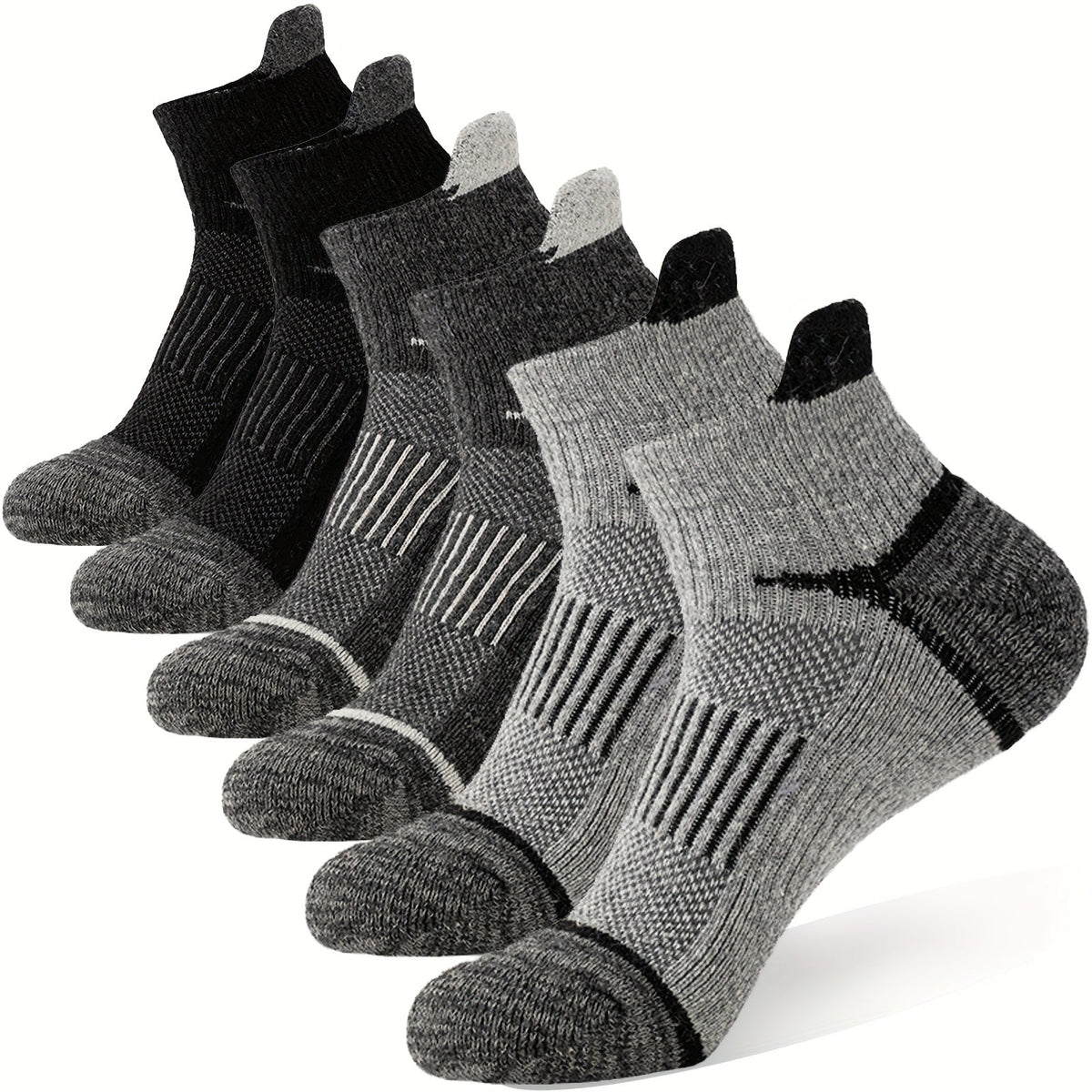 Lot de 6 paires de chaussettes de randonnée en laine mérinos pour hommes et femmes, chaussettes de course et de travail à cheville rembourrée avec soutien de compression, design invisible, respirant et absorbant l'humidité – Excellente idée cadeau