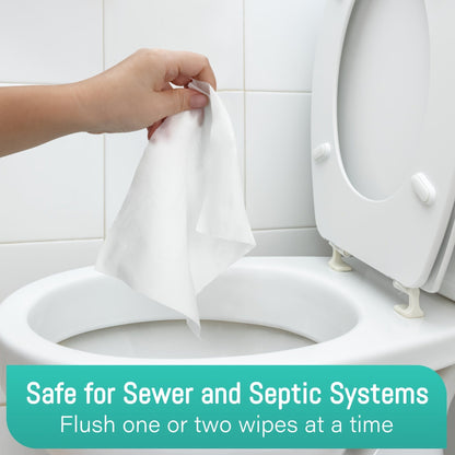 Lingettes humides jetables dans les toilettes, extra larges et épaisses – 144 ou 288 unités (paquet de 3 ou 6 x 48 unités), sans alcool, à base de plantes, compatibles avec les fosses septiques et les égouts, adaptées aux peaux sensibles et aux bébés