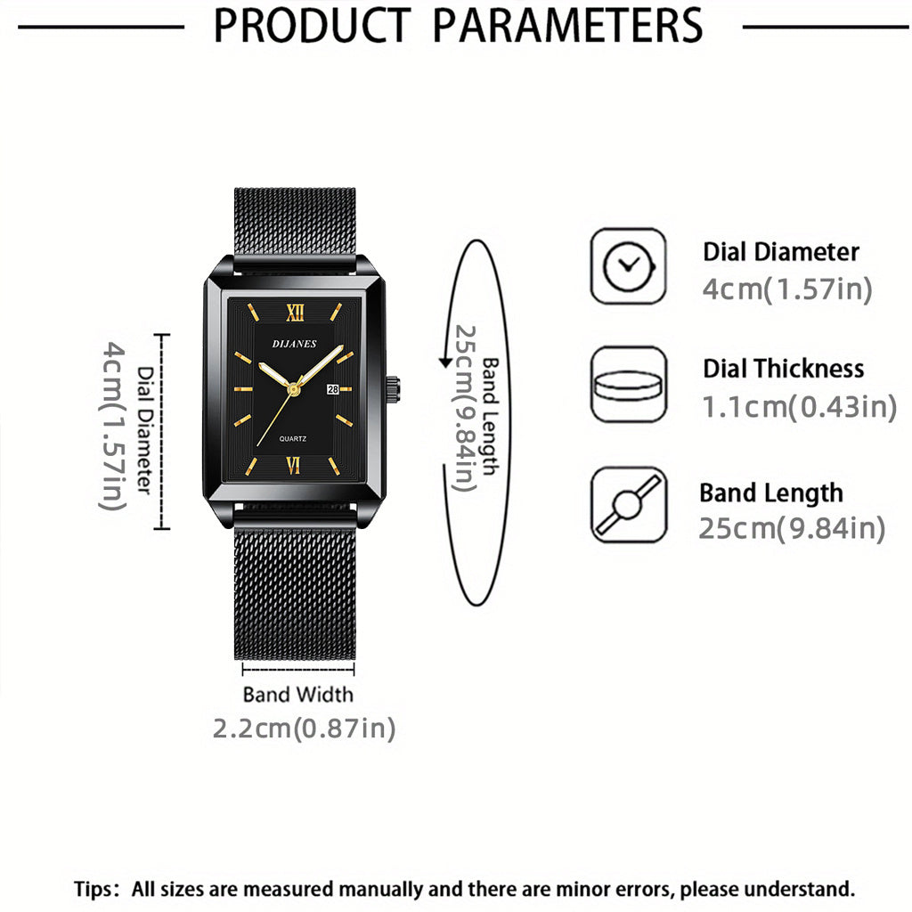 Ensemble montre à quartz et bijoux pour homme, 4 pièces – Montre à affichage de la date avec bracelet en acier inoxydable, collier, bracelet et bague, ensemble cadeau élégant décontracté chic pour homme, disponible en or, argent et noir
