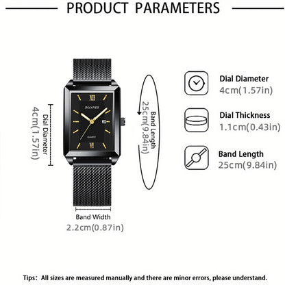 Ensemble montre à quartz et bijoux pour homme, 4 pièces – Montre à affichage de la date avec bracelet en acier inoxydable, collier, bracelet et bague, ensemble cadeau élégant décontracté chic pour homme, disponible en or, argent et noir