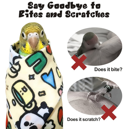 Parrot Grooming Wrap for Nail Trimming & Medication, Anti-Scratch Bird Restraint Swaddle Cloth, Self-Adhering Anti-Escape Parrot Wrapping Towel for Pet Birds, Cartoon Print Bird Grooming Accessory