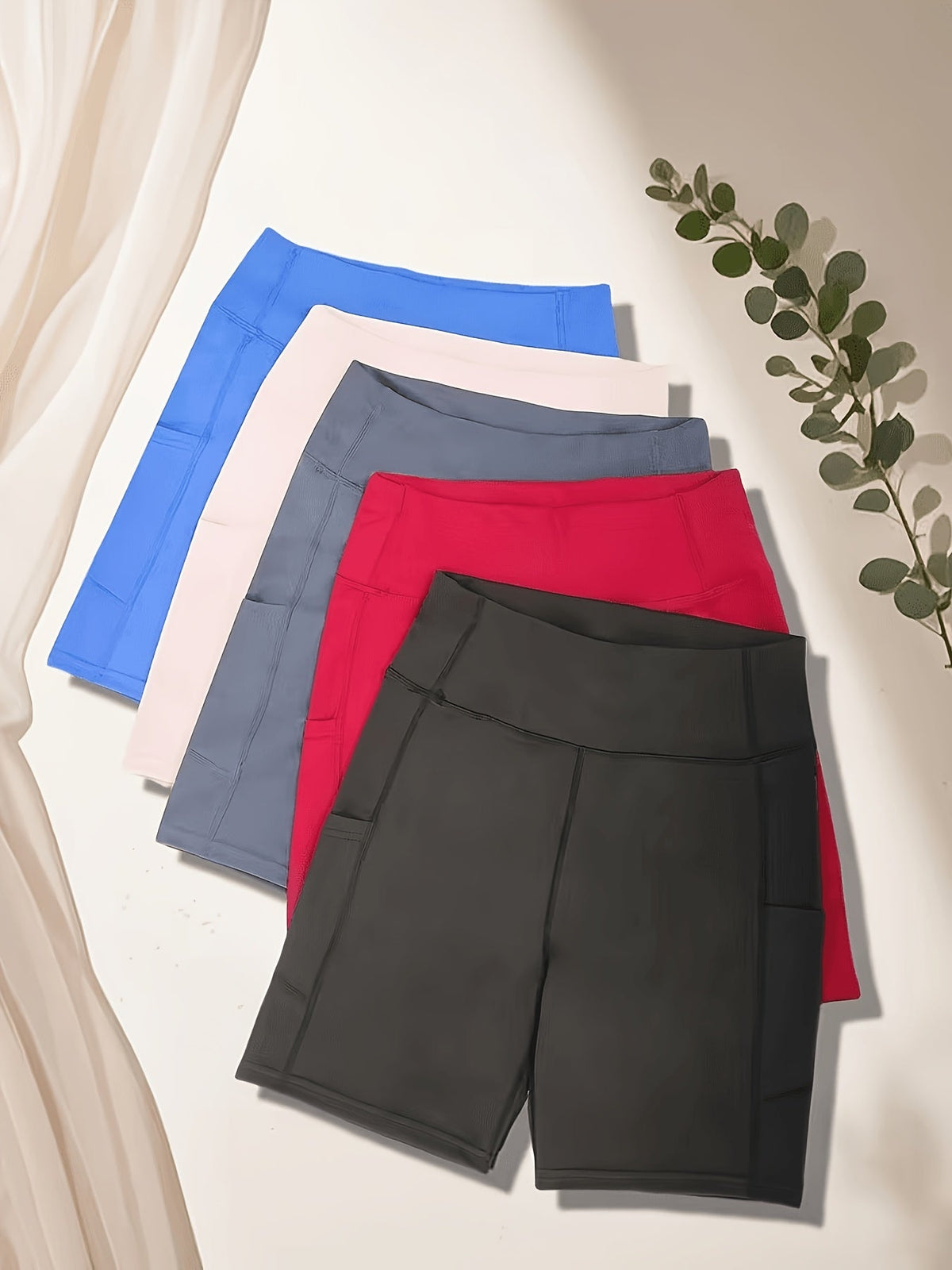 Lot de 5 shorts de cyclisme taille haute pour femme avec poches – Shorts de sport pour yoga, gym et running, tissu polyester extensible, tailles M à XXL, ensemble aux couleurs variées pour femmes actives