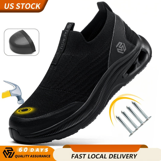 Steel Toe Work Shoes for Men Slip-On Lightweight Safety Sneakers Puncture-Resistant Non-Slip Loafers Black Grey Blue Sizes US 5.5-14