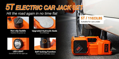 Cric hydraulique électrique de 5 tonnes avec pompe à air intégrée - Élévateur de voiture portable pour le remplacement des pneus de SUV, monospaces et camions, et entretien en garage, clé à chocs électrique en option, outil d'urgence routière