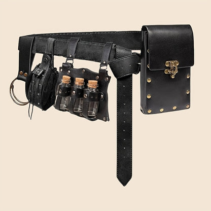 Ensemble de sacoche médiévale viking 5 pièces, pochette en similicuir avec fioles en verre, boucles et sangles, accessoire de costume vintage pour Halloween, cosplay, fête de la Renaissance, GN, jeu de rôle, noir, marron
